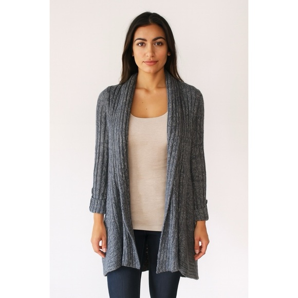 BCBGMaxAzria Long Crochet Back Cardigan Ash Blue Boho - Picture 1 of 12